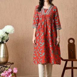 HERE&NOW Floral Printed V-Neck A-Line Kurta-picture-15