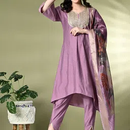 Sangria Ethnic MotifsEmbroidered Sequinned A-Line Kurta With Dhoti Pant & Dupatta-image-2