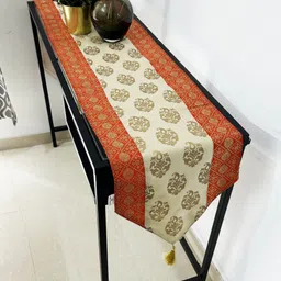 Pink Parrot Beige Ethnic-Patterned Hexagonal Table Runner With Tassels-54