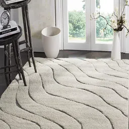 CARPETIFY Cream & Grey Striped Anti-Skid Shaggy Carpet-18
