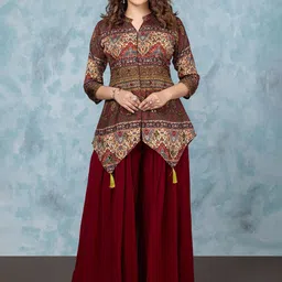 FREYAA Embroidered Pure Cotton Mandarin Collar Top With palazzos Co-Ords-image-1