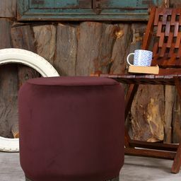 Shadowkart Coffee Brown Velvet & Wooden Round Ottoman-picture-18