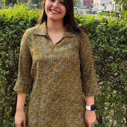 Sanskritam Women Floral Printed Shirt Collar Pure Cotton Kurti-image-1