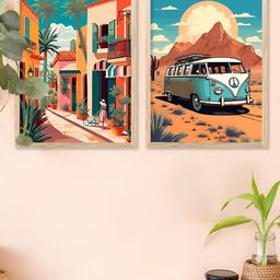 Kotart Brown & Red 2 Pieces Van & Streets Printed Wooden Wall Arts-picture-37