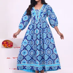 KALINI Floral Printed Square Neck Cuffed Sleeves Pure Cotton Anarkali Kurta-image-6