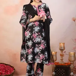 Stylum Black & Pink Floral Printed Straight Kurta & Trousers With Dupatta-image-64