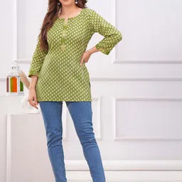 INDIANIC Ethnic Motifs Printed Kantha Work Pure Cotton Kantha Work Empire Kurti-picture-4