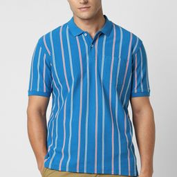 peter england Men Striped Polo Neck Cotton Blend Blue T-Shirt-picture-17