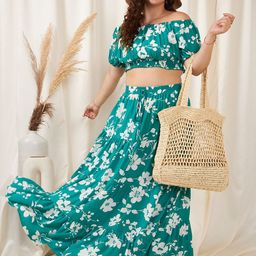 Berrylush Curve Plus Size Green Floral Printed Off Shoulder Top & Ruffle Hem Skirt-21
