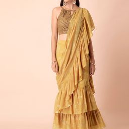 INDYA Yellow & Silver-Toned Floral Pre Draped Ready to Wear Saree-picture-44