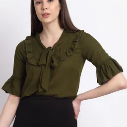 La Zoire Olive Green Tie-Up Neck Georgette Top-picture-28