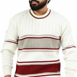 Men Striped Round Neck White Sweater-image-58