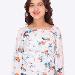 CUTECUMBER Girls Blue & White Floral Print Chiffon Top-image-44