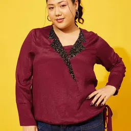 QUIERO MAS Plus Size Embellished Square Neck Cuffed Sleeves Blouson Top-3