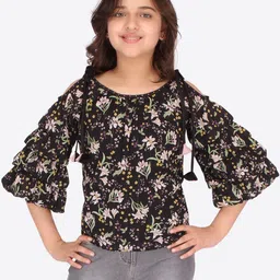 CUTECUMBER Girls Black Floral Printed Ruffles Chiffon Top-picture-18