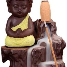 Meditating Monk Buddha Smoke Backflow Cone Decorative Incense Holder (7 cm x 7 cm x 12, Yellow) Decorative Showpiece - 12 cm-17