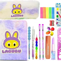 14-Pcs Labubu Doll Stationery Return Gift for kids Labubu Pencil Pouch for Kids Labubu Doll Geometry Box with Labubu Mini Diary& Stationeries Stuffed Labubu Toy Art Plastic Pencil Box-21