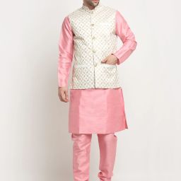 Men Silk Blend Kurta Pyjama Ethnic Jacket Set-image-2