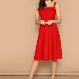Women Fit and Flare Red Below Knee Dress-image-65