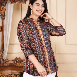 Party Roll Up Sleeves Printed Women Blue Top-image-5
