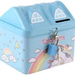 Unicorn Hut House Shape Metal Piggy Bank with Lock & Keys, Coin Bank (Blue) Coin Bank-image-5