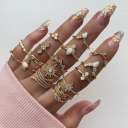 Trendy 17 Pcs Combo Fashion Alloy Crystal Gold Plated Ring Set-19
