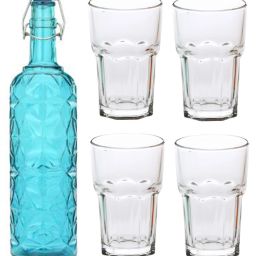 Bottle & 4 Glass Serving Lemon Set, Blue, Clear, Glass - A105 Jug Glass Set-picture-42
