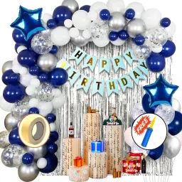 Solid Blue happy birthday decorations items kit with balloon pump, banner, curtain & Balloon-16