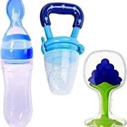 Silicone Fruit Teether & Food Nibbler & Spoon Bottle (Multicolor) (Pack of 3) Teether and Feeder-0