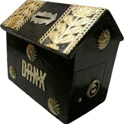 Wooden black color hut shape money bank for kids with 2 keys-15