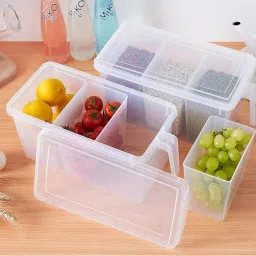 Plastic Food Grade Plastic Refrigerator Organizer Storage Container for Kitchen and Office Stationary Storage Box with Lid, Handle & 3 Smaller Bins Storage Basket-11