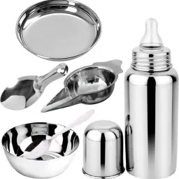 New born baby set Regular Steel feeding bottle, Feeder Spoon set, Bowl, Plate - 300 ml-image-24