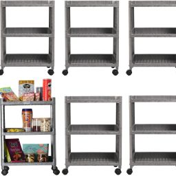 Pack of 6 Multipurpose 3-Layer Storage Trolley Rack with Wheels | Grey Plastic Kitchen Trolley-17
