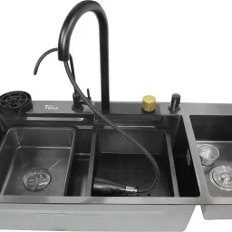 37"x18"x09" Double Bowl Waterfall Kitchen Sink Honeycomb Embossed Sink with Black Nano Coating , Rectangular Workstation ,Faucet with all Accessories. Vessel Sink-image-6