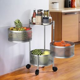 3-Tier Rotating Multipurpose Storage Rack Trolley with Wheels | Silver Iron Fruit & Vegetable Basket-43