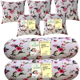 Combo Set Of 5 Cushion And 2 Microfibre Floral Bolster Pack of 7-13