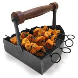 bogenlite Platter Tray with 4 Skewers Iron and Wood for serving Paneer Chicken Tikka Tray Serving Set image 2
