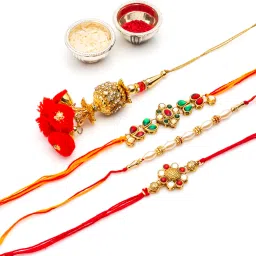 Designer RAKHIS236 Mauli Thread, Pearl, Kundan Rakhi, Chawal Roli Pack Set-image-7