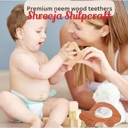 shreeja shilpcraft Natural Neem Wood Made Rattle Dumble Shape with 3 Rings and Bird Shape Teether Rattle image 5