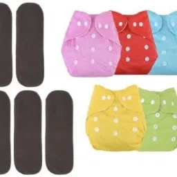 BABY PLAIN MULTICOLORED BUTTON DIAPERS WITH GREY INSERTS 4 LAYERS COMBO PACK - 5D5I-18