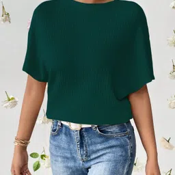 rahi trendz Casual Butterfly Sleeves Self Design Women Dark Green Top-picture-33