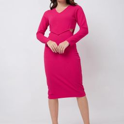 Women Bodycon Pink Below Knee Dress-image-2