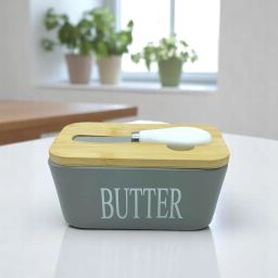 Large Ceramic Butter Box with Wooden Lid & Knife | Butter Storage Container | Butter Dish Serving Set-1