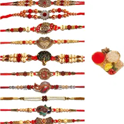 Designer RAKHI0491 Gold Finish, Mauli Thread, Kundan, Zardosi Rakhi, Chawal Roli Pack Set-35