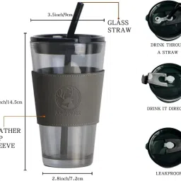 Glass Coffee Sipper Mug 450ML with Leather Sleeve & Belt Cold Hot Drink Cups-image-2
