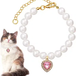 supvox Cat Collar Jewelry Necklace Pink Rhinestone Heart Charm Pearl Adjustable 9-11 Cat Collar & Leash-picture-18
