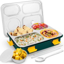 304 Stainless Steel with Leakproof Lid Spoon and Chopsticks for Kids and Adults 4 Containers Lunch Box-image-0