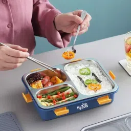 Leak Proof 3 Compartment Stainless Steel Tiffin Boxes With (1 SPOON & CHOPSTICK) 3 Containers Lunch Box-48