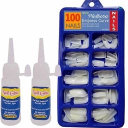Reusable 100 Tips Fake Acrylic Artificial Nails with 2 Glue White (Pack of 100)-1