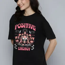 Women Self Design Round Neck Pure Cotton Black T-Shirt-picture-18
